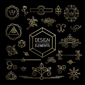 Design element set, mono line art ornamental decoration in gold outline style. Includes nature, plant, leaf and flower icons. EPS10 vector.   .