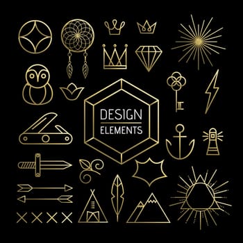 Creative design element collection in gold outline line art style. Includes boho, nature, and geometry shapes. EPS10 vector.