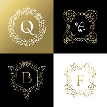 Set of ornament style gold outline frames with leaf and flower decoration. Ideal for brand design, business or campaign. EPS10 vector.