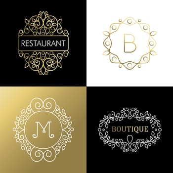 Ornamental frame set, gold mono line outline decoration. Ideal for business sign, restaurant or campaign. EPS10 vector.
