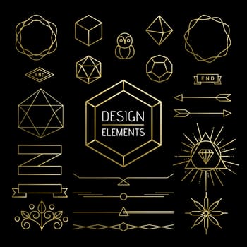 Design element collection, retro hipster outline icons in gold color. Includes mono line style lettering shapes, banner, labels and geometry decoration. EPS10 vector..