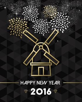Happy New Year 2016 Netherlands greeting card with traditional windmill landmark in gold outline style. EPS10 vector.