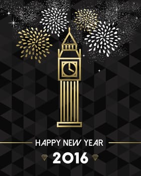 Happy New Year 2016 London greeting card with england monument big ben clock in gold outline style. EPS10 vector.