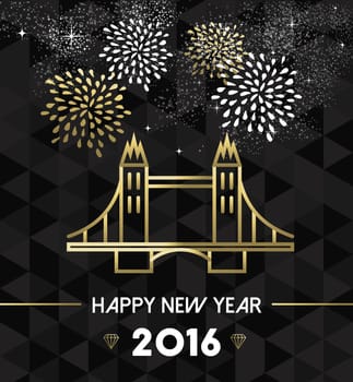 Happy New Year 2016 London greeting card with England landmark tower bridge in gold outline style. EPS10 vector.