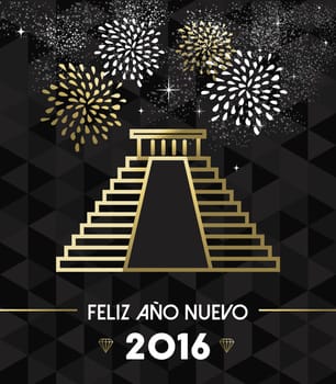 Happy New Year 2016 Mexico greeting card with historic landmark Chichen Itza pyramid in gold outline style. EPS10 vector.