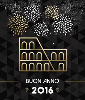Happy New Year 2016 Rome greeting card with Italy historic landmark Colosseum in gold outline style. EPS10 vector.