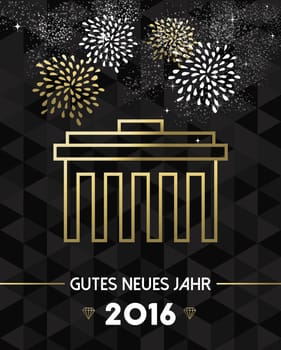 Happy New Year 2016 Berlin greeting card with Germany landmark Brandenburg gate in gold outline style. EPS10 vector.