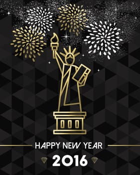 Happy New Year 2016 New York greeting card with USA United States statue of Liberty in gold outline style. EPS10 vector.