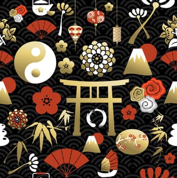 Chinese icon concept seamless pattern with gold traditional china culture elements. Ideal for new year background. EPS10 vector.