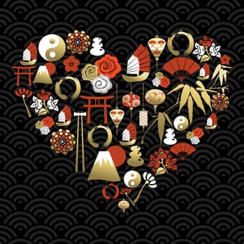 Chinese heart shape silhouette, love concept background made with cultural symbols and icons. Ideal for new year festival card. EPS10 vector.