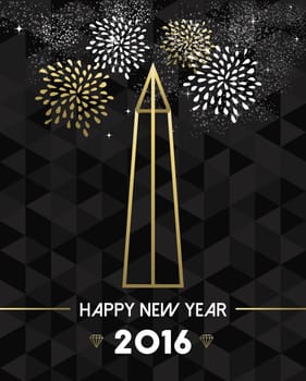 Happy New Year 2016 Washington greeting card with USA United States monument obelisk in gold outline style. EPS10 vector.