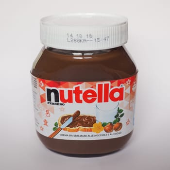 ALBA, ITALY - CIRCA DECEMBER 2015: Jar of Italian Nutella hazelnuts cream made by Ferrero