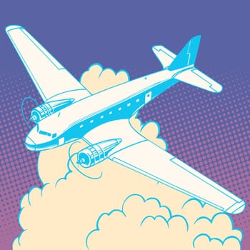 Airplane in the clouds vintage retro travel flights pop art style. Machine and aircraft construction. Travel and tourism business industry