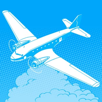 Airplane in the clouds vintage retro travel flights pop art style. Machine and aircraft construction. Travel and tourism business industry