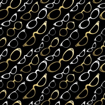 Hipster glasses seamless pattern, vintage style gold icons. EPS10 vector.