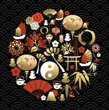 Oriental circle label design made with traditional China and asian element symbols, chinese culture concept. Ideal for new year. EPS10 vector.