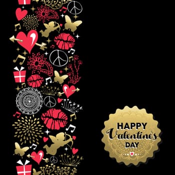 Happy Valentines Day retro greeting card, icon pattern and gold text label. Includes angel, heart, kiss and nature silhouette. EPS10 vector.