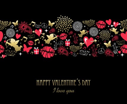 Happy Valentines day greeting card pattern made of vintage icons and text. Includes angel, heart shape, kiss, love decoration. EPS10 vector.