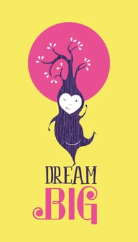 Dream big motivational quote, inspiration greeting card with cute fairy elf cartoon. EPS10 vector.