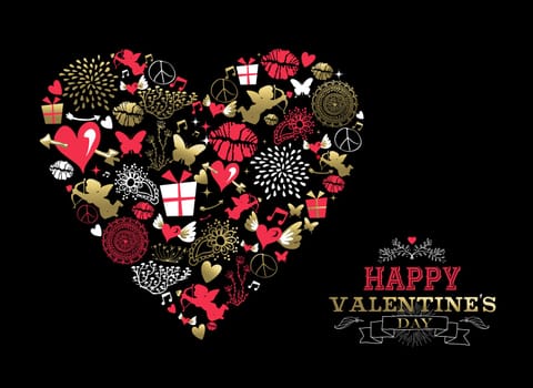 Valentines day greeting card, retro icons making heart shape silhouette in gold and pink colors with ornamental text label. EPS10 vector.