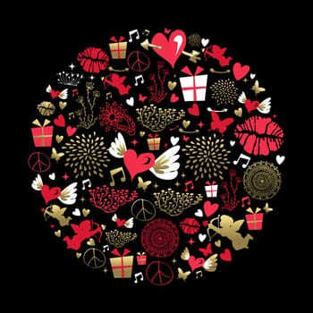 Valentine greeting card design, set of vintage style icons in gold and pink colors. Includes heart shape, angel, kiss, nature decoration. EPS10 vector.