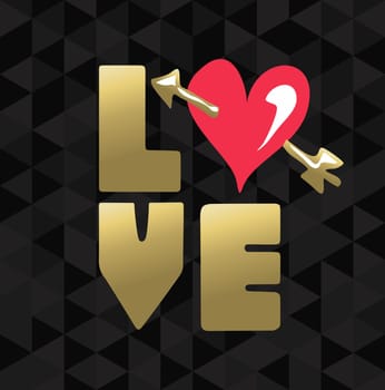 Valentines day greeting card design, gold love text with pink heart shape. EPS10 vector.