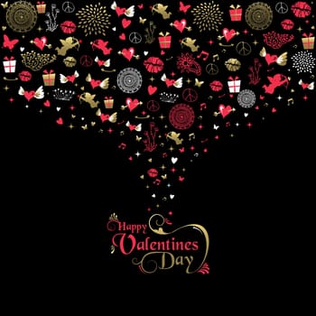 Happy Valentines day greeting card, vintage style icons in gold and pink colors with text label design. EPS10 vector.