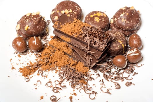 Parts of dark chocolate on the table