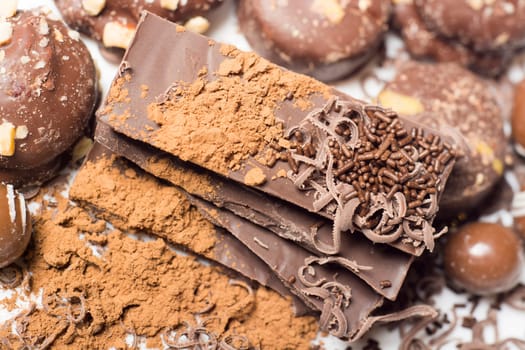 Parts of dark chocolate on the table