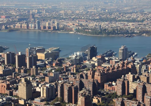 Hudson River with Skyline View of Manhattan New York in Aerial Perspective