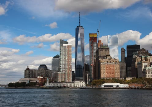 World Trade Center in New York Freedom Tower One with Skyline and Water