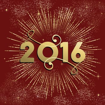 Happy New Year 2016 greeting card design, golden firework explosion with stars and sparkles. EPS10 vector.