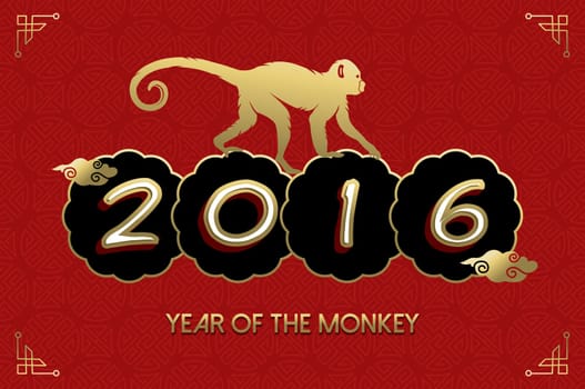 2016 Happy Chinese New Year of the Monkey. Ape silhouette and text in gold colors over red texture background. EPS10 vector.