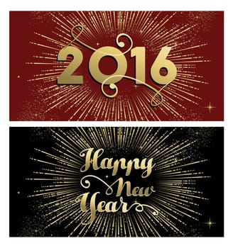 Happy New Year 2016 banner greeting card set with gold text and firework explosion. EPS10 vector.