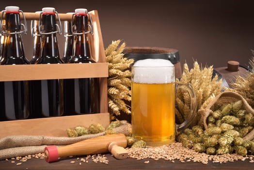Beer carriers and beer glass with wheat,barley,hops and malt