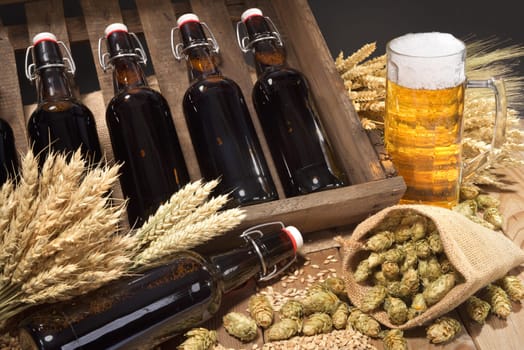 Beer box and beer glass with wheat,barley,hops and malt