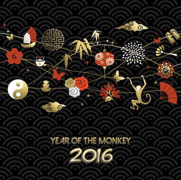 2016 Happy Chinese New Year of the Monkey. Gold traditional culture icon design, holiday elements and decoration with text. EPS10 vector.
