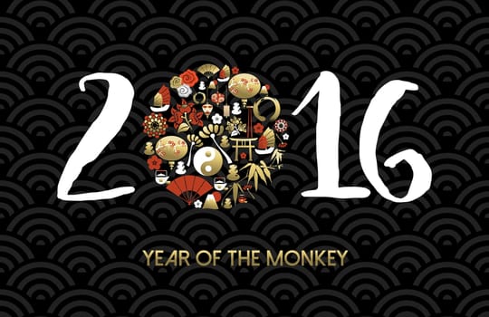 2016 Happy Chinese New Year of the Monkey. Greeting card design with text and traditional gold icon set. EPS10 vector.