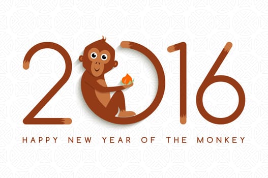 Happy Chinese New Year of the Monkey. Greeting card design, ape holding peach making 2016 shape in cute cartoon style. EPS10 vector.