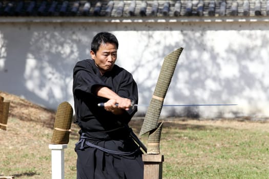 KAGAWA, JAPAN - OCTOBER 25: Katana sword fighters at Marugame Iai Festival, event dedicated to Japanese culture and tradition at Marugame-castle on October 25, 2015 in Japan.