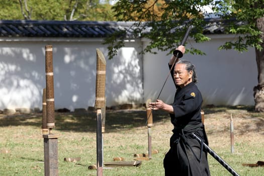 KAGAWA, JAPAN - OCTOBER 25: Katana sword fighters at Marugame Iai Festival, event dedicated to Japanese culture and tradition at Marugame-castle on October 25, 2015 in Japan.
