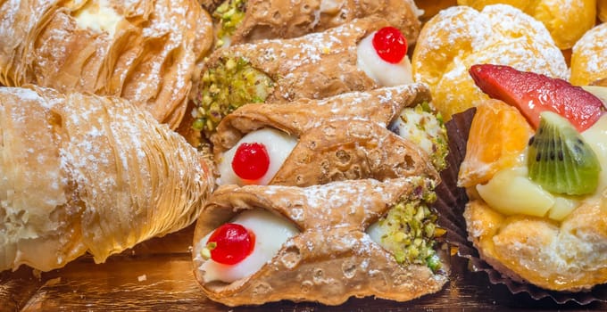 colorful pastries with fruits, cream and chocolate, the real Italian confectionery