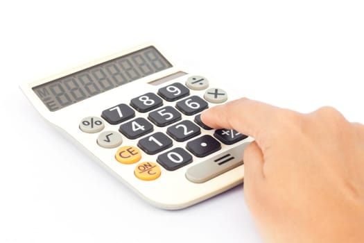 Calculator with hand isolated on white background, stock photo