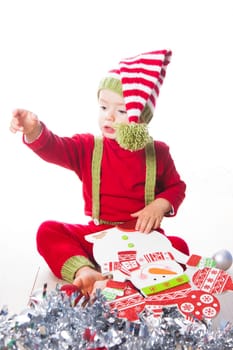 2 year old baby boy Christmas shooting in studio.