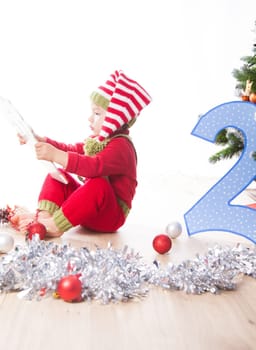 2 year old baby boy Christmas shooting in studio.