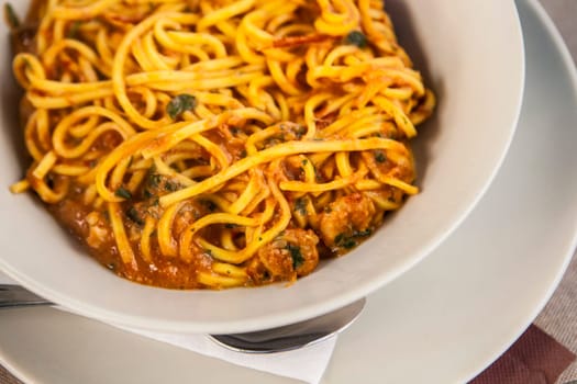 Eggplant and minced meat of pasta. Closeup