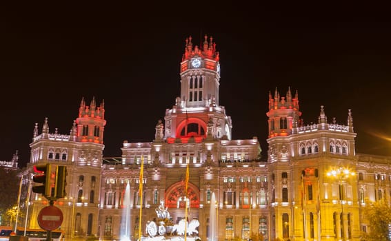 Night view of Madrid City Council with Cibeles Fountain, Spain