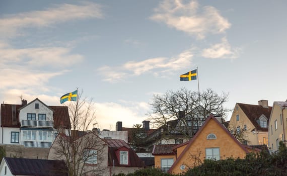 Swedish Flags in Visby, Gotland in Sweden.