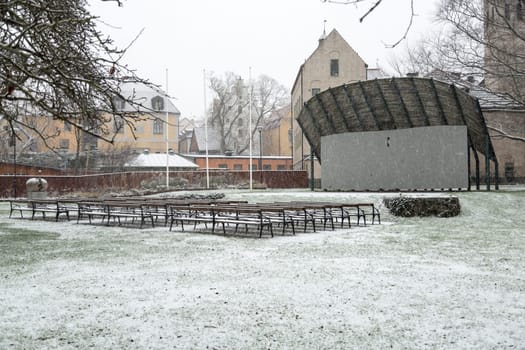 Almedalen in Visby, Sweden with Snow falling.