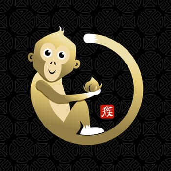 2016 Happy Chinese New Year of the Monkey. Concept illustration, cute gold cartoon ape holding peach with traditional calligraphy icon. EPS10 vector.